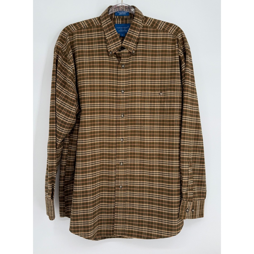 Towncradt Mens Plaid Button Down Shirt Olive Green Brown‎ Long Sleeve Sz L